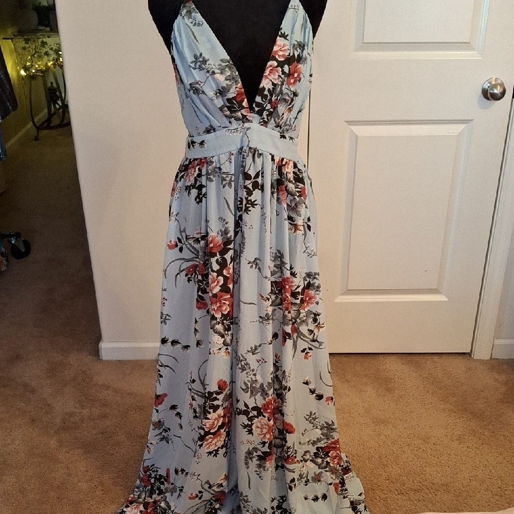 SHEIN Blue and Pink Ruched Tie Front Maxi Dress